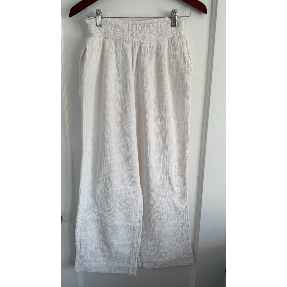 Faherty Dream Cotton Gauze Wide-Leg Pants Women M White Smocked Elastic Waist - Picture 2 of 3